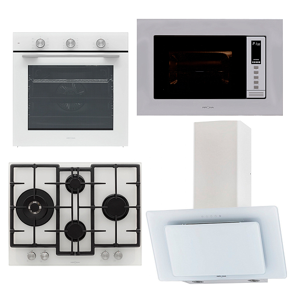 Комплект Krona Духовой шкаф Krona BIRNE 60 WH, Варочная панель Krona RITTER 67/60 WH, Встраиваемая микроволновая печь Krona LAUNE 60 WH K, Вытяжка Krona LIVA 600 WHITE SENSOR preview 1